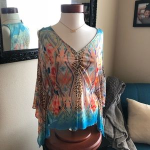 Bebe, Floral, animal print cut-out sleeve blouse